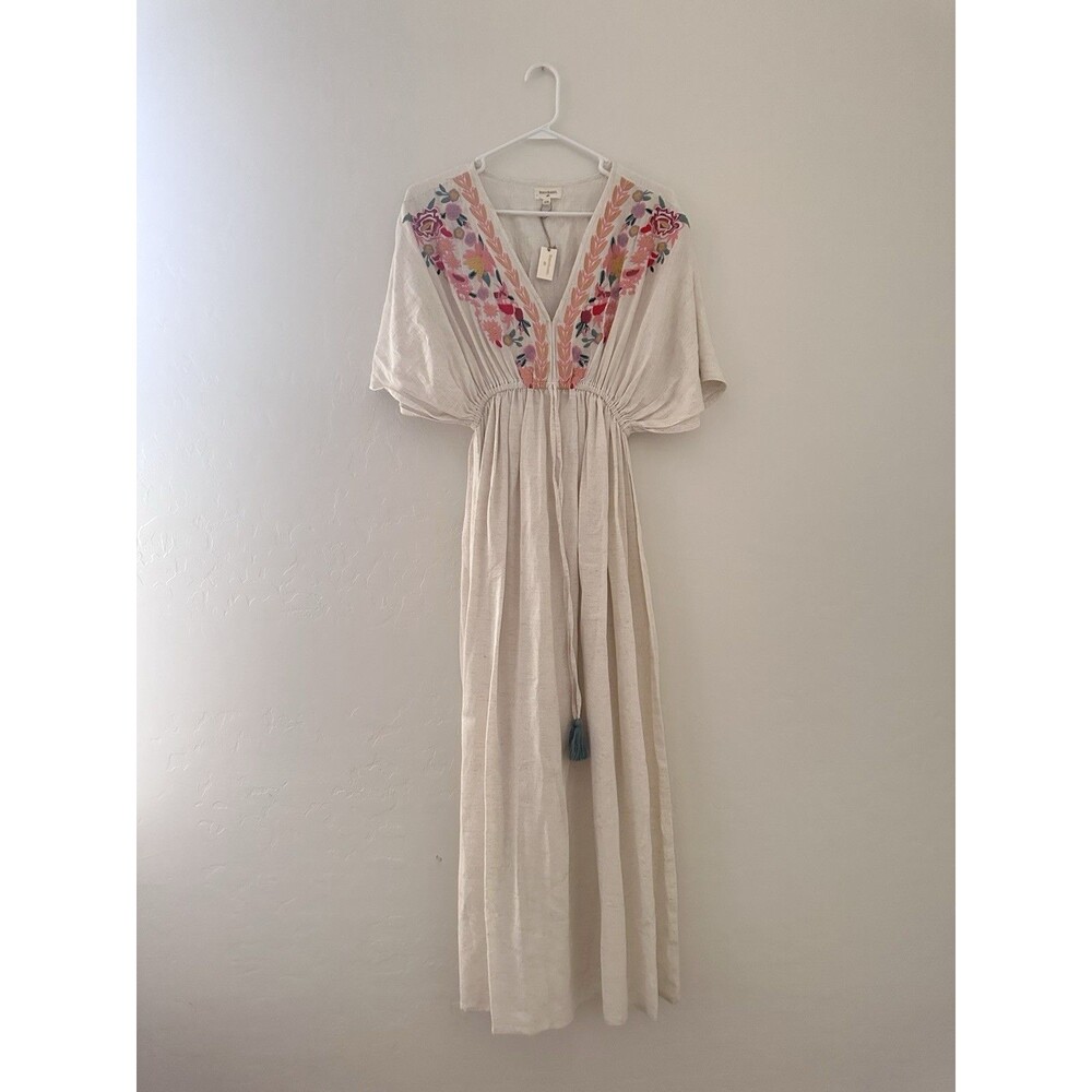 World Market Ivory Embroidered Tassel Boho Resort Maxi Length Kaftan Dress S/M